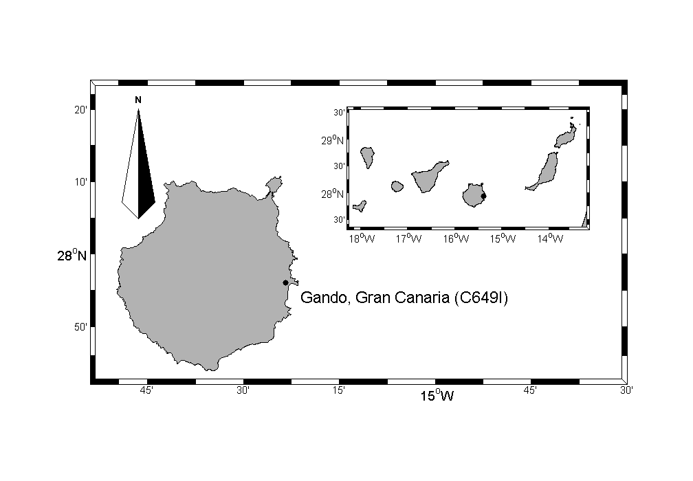Posición de Gando en Gran Canaria y posición de Gran Canaria en Canarias.